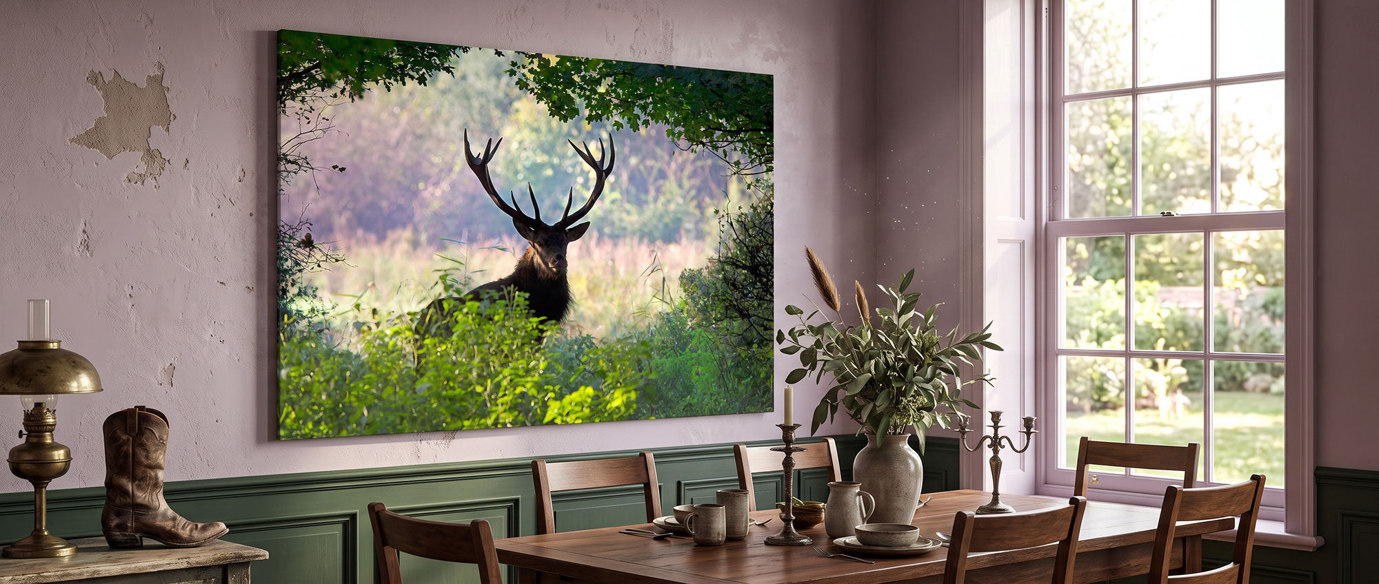 A large rectangular wall art print showing a deer stag in a lush green forest hangs on a dining room wall above a wooden table, with a window, chairs, lamp, and decorative vase visible in the room.