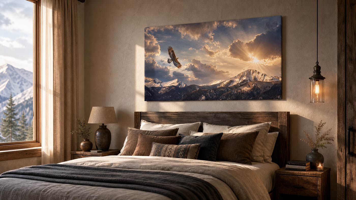 A large rectangular wall art print showing a mountain landscape with dramatic clouds and a flying eagle, displayed above a bed in a rustic bedroom with wood furniture and warm lighting.