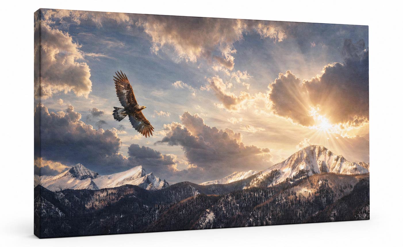 A rectangular wall art canvas showing a dramatic mountain landscape with snow-covered peaks, a flying eagle, and bright sun rays breaking through clouds, photographed against a plain white background.