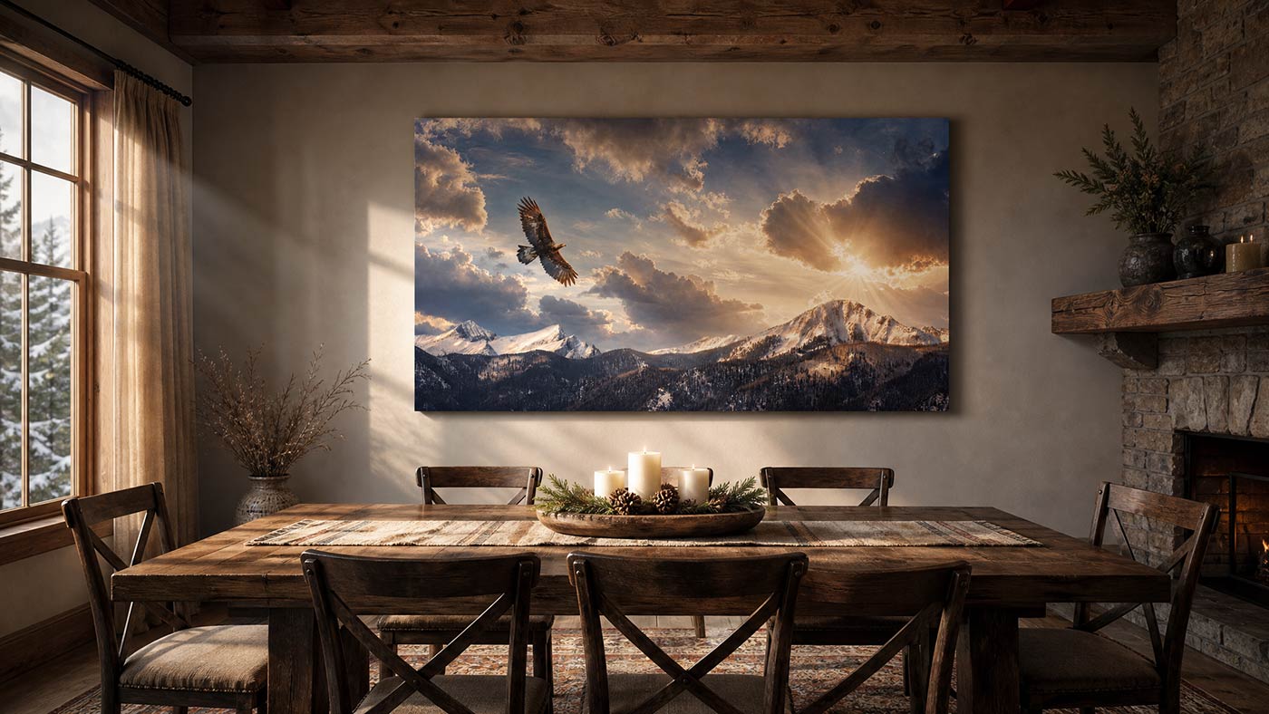 A large rectangular wall art print depicting a mountain landscape with snow, clouds, and a flying eagle, displayed above a wooden dining table in a rustic interior room.