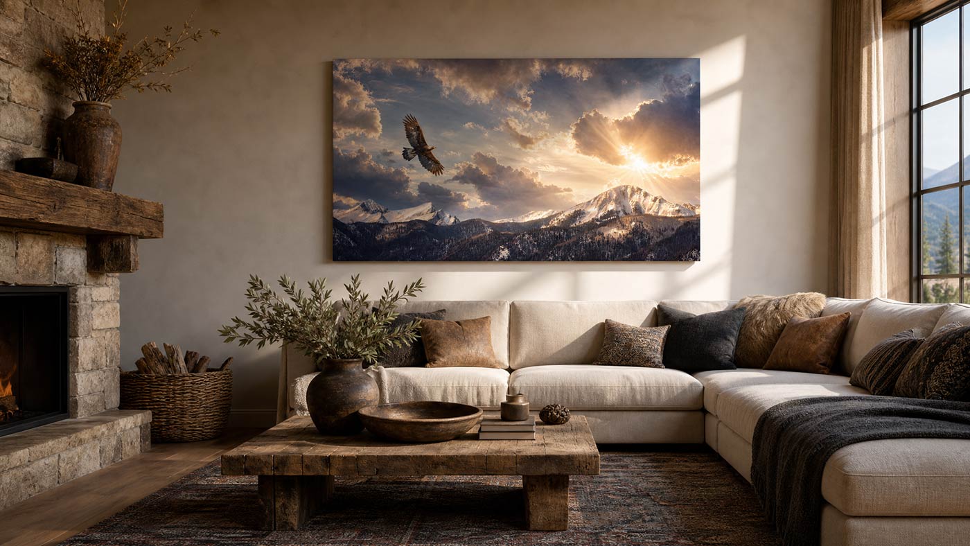 A large rectangular wall art print showing a dramatic mountain landscape with a flying eagle and glowing sunset clouds, displayed above a cream sectional sofa in a styled living room with a fireplace and wood coffee table.