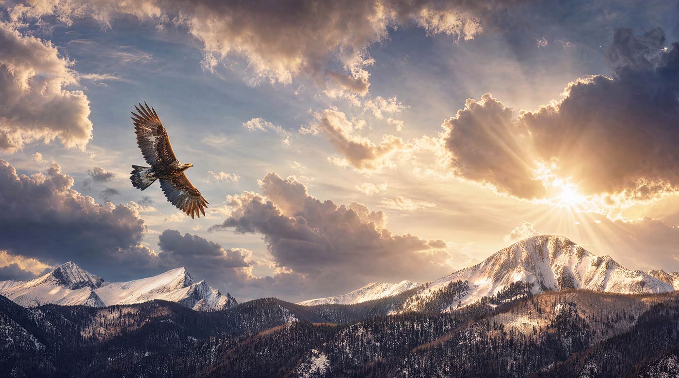 Canvas wall art of an eagle flying over snow-capped mountains at sunset.