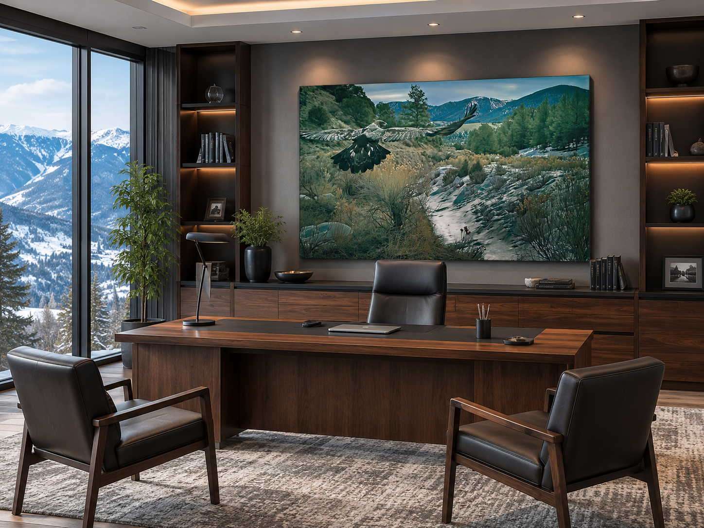 Eagle in Flight Wall Art displayed in a luxury mountain executive office with snowy landscape inspired interior design.