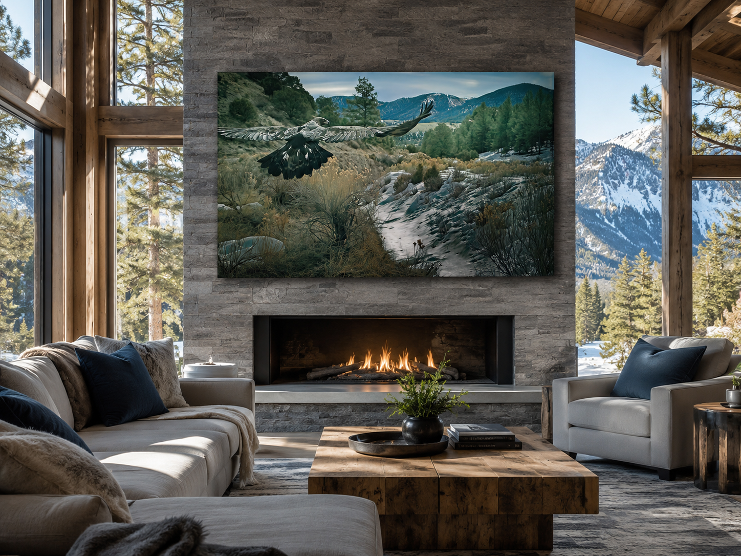 Eagle in Flight Wall Art displayed in a modern mountain living room with cool alpine colors and natural daylight.