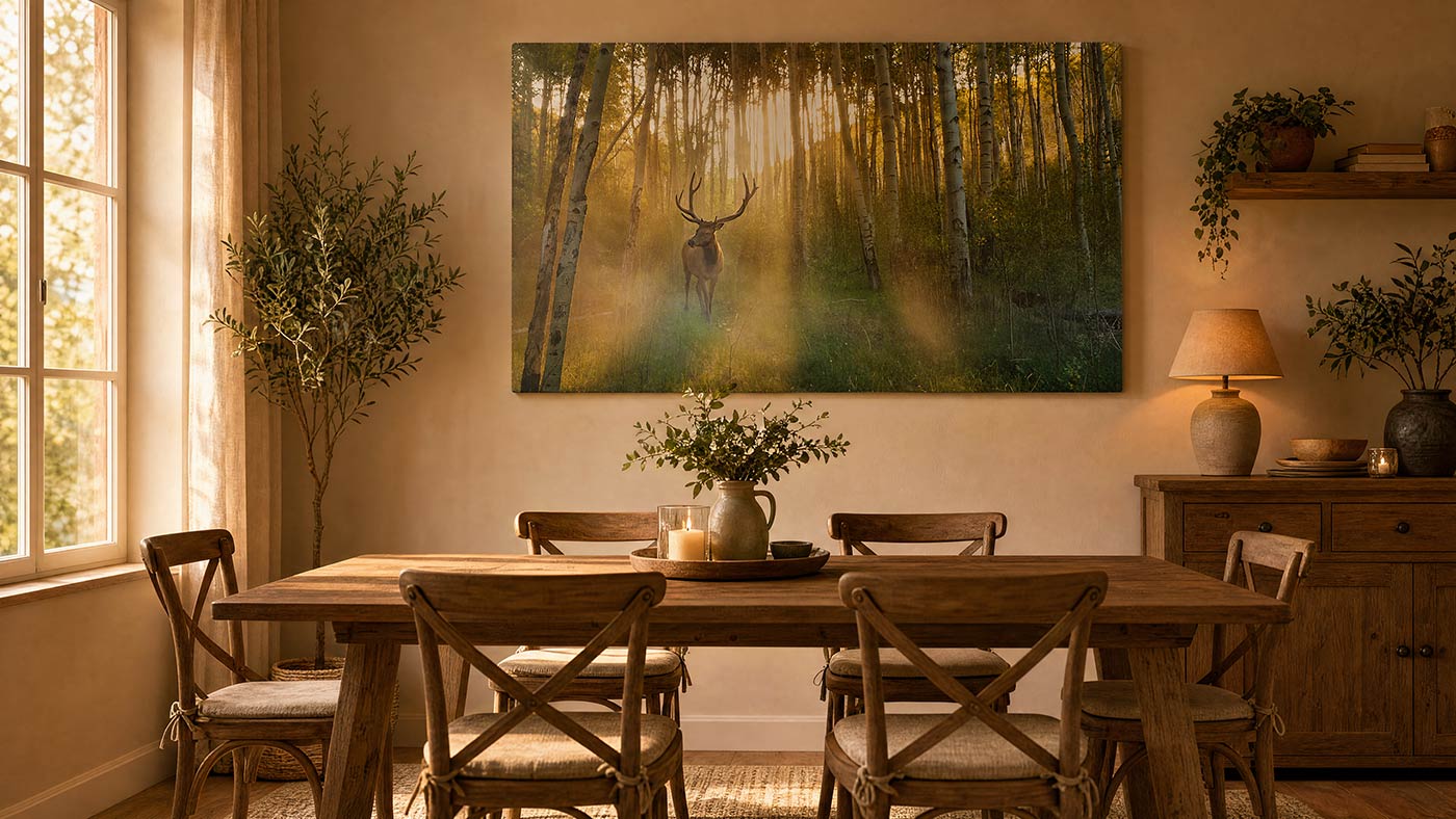 A large rectangular wall art print depicting a deer standing in a misty sunlit forest hangs above a wooden dining table in a warm, rustic dining room. The room includes chairs, a sideboard, shelves, plants, and a window with natural light.