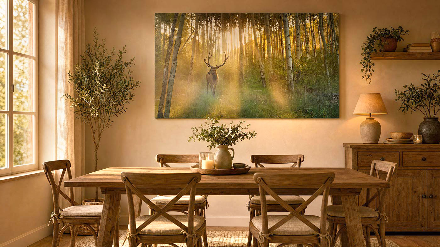 An elk canvas print hangs on the wall in a cozy living room