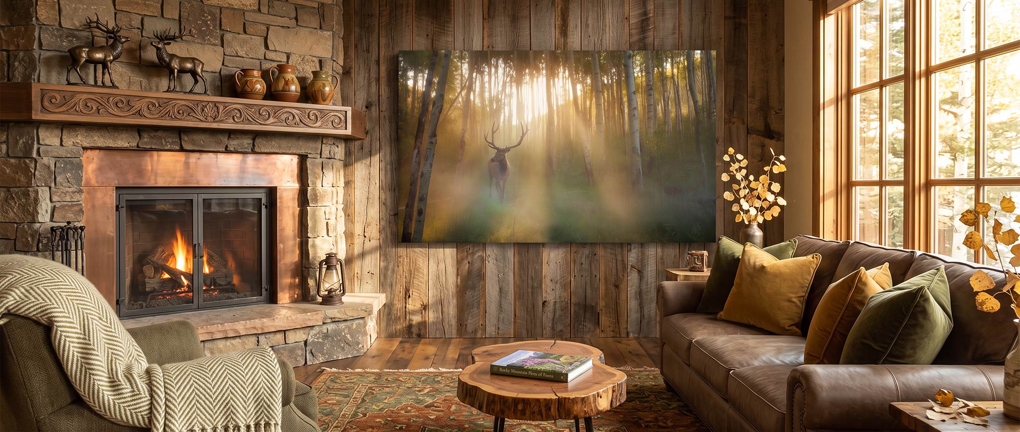 A large rectangular wall art print depicting a misty sunlit forest with a deer, displayed in a rustic wood-paneled living room above a fireplace and next to a sofa.