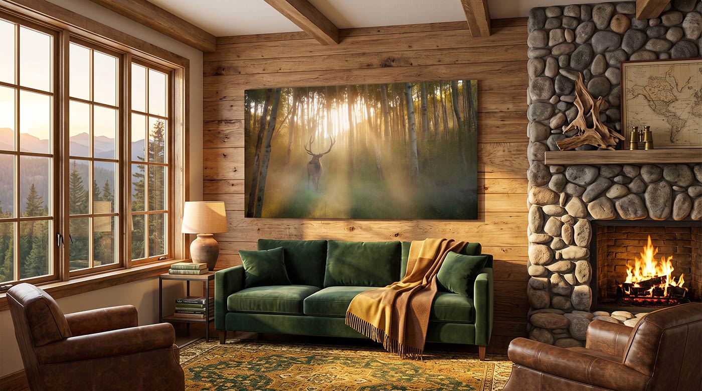 A large rectangular wall art print depicting a misty forest with a deer silhouette hangs above a green sofa in a rustic living room with wood walls, a stone fireplace, and large windows.