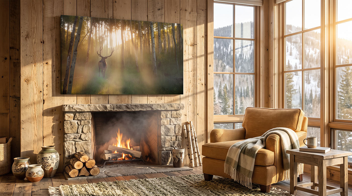 An elk canvas print on the wall in a cozy mountan cabin