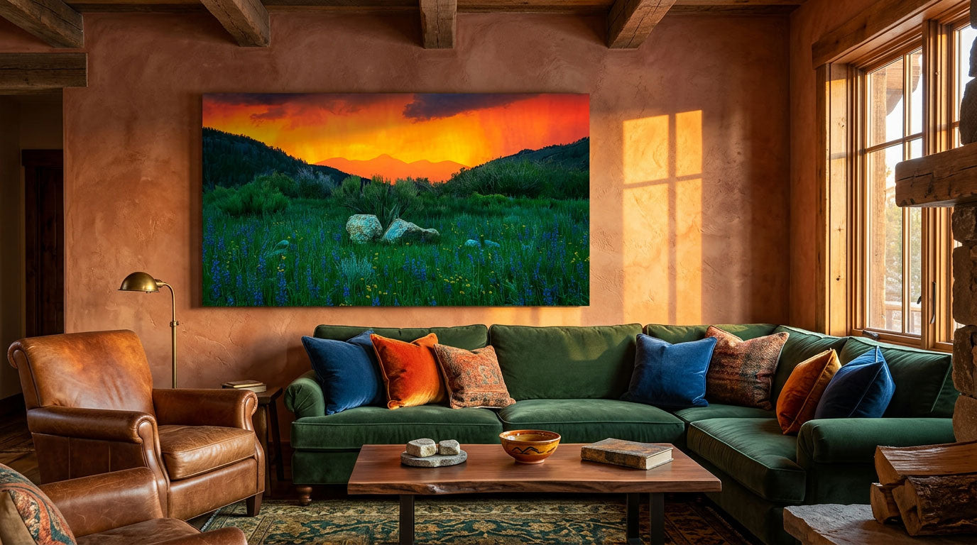 Fiery mountain sunset wall art featuring a colorful wildflower valley and distant peaks