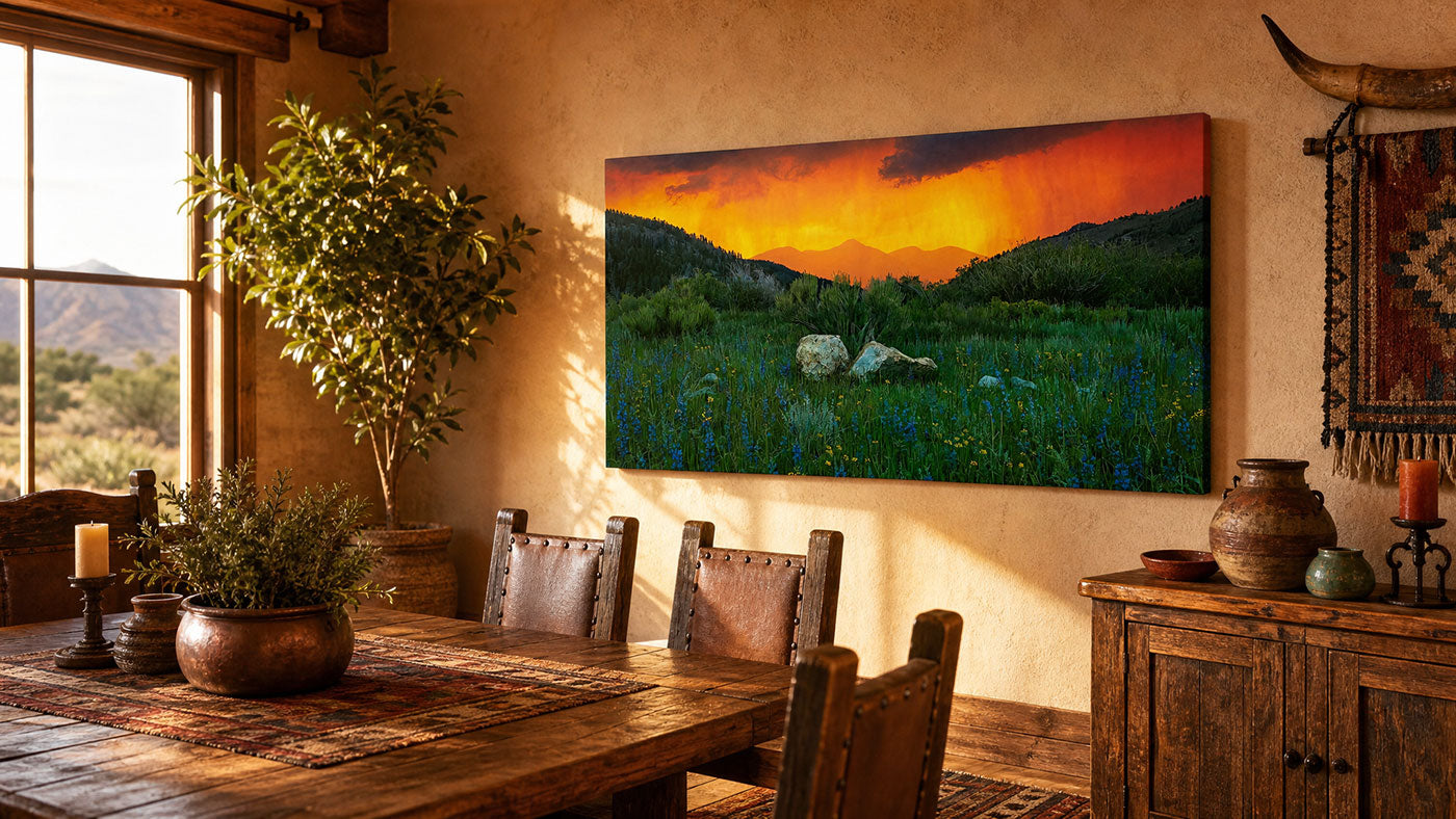 Fiery mountain sunset wall art featuring a colorful wildflower landscape and distant peaks