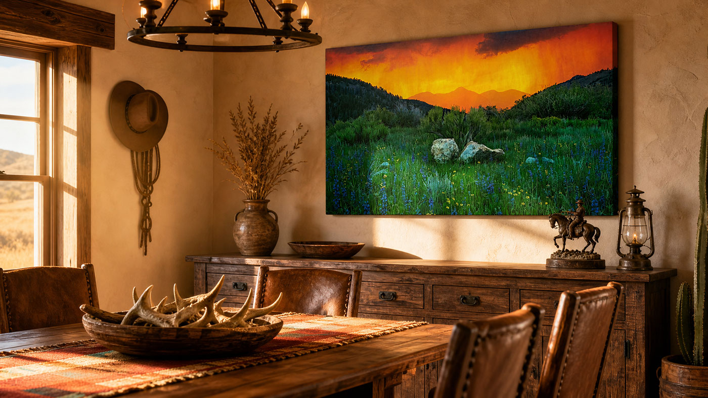 Fiery mountain sunset wall art featuring a wildflower valley and distant peaks