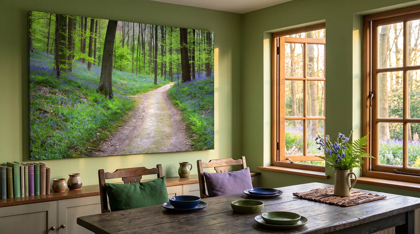 A large rectangular wall art print showing a forest path with green trees and blue flowers, displayed in a dining room with a wooden table, chairs, and windows.