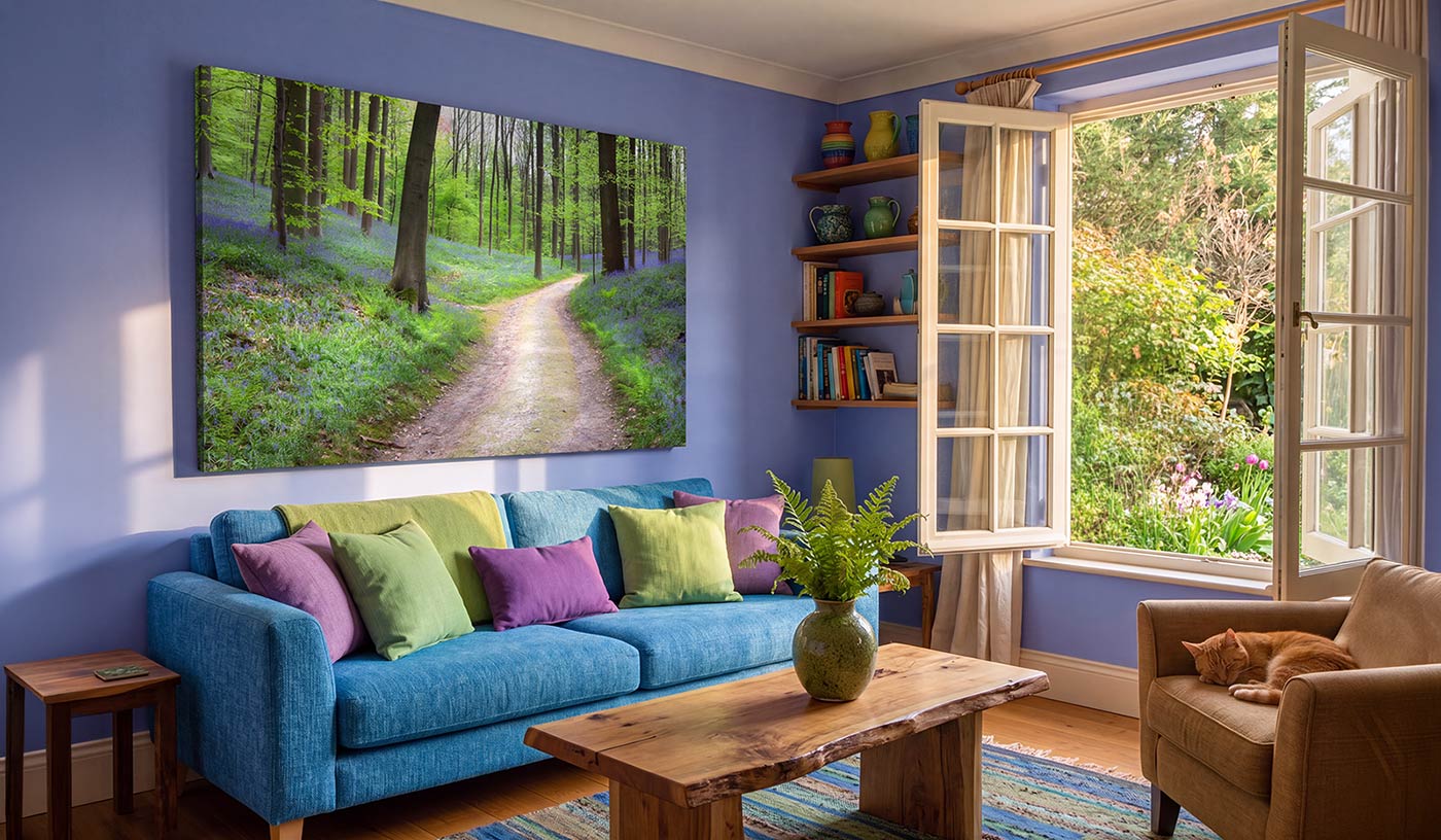 A large rectangular wall art print showing a forest path hangs above a blue sofa in a styled living room with purple walls, shelves, a window, and a dog on an armchair.