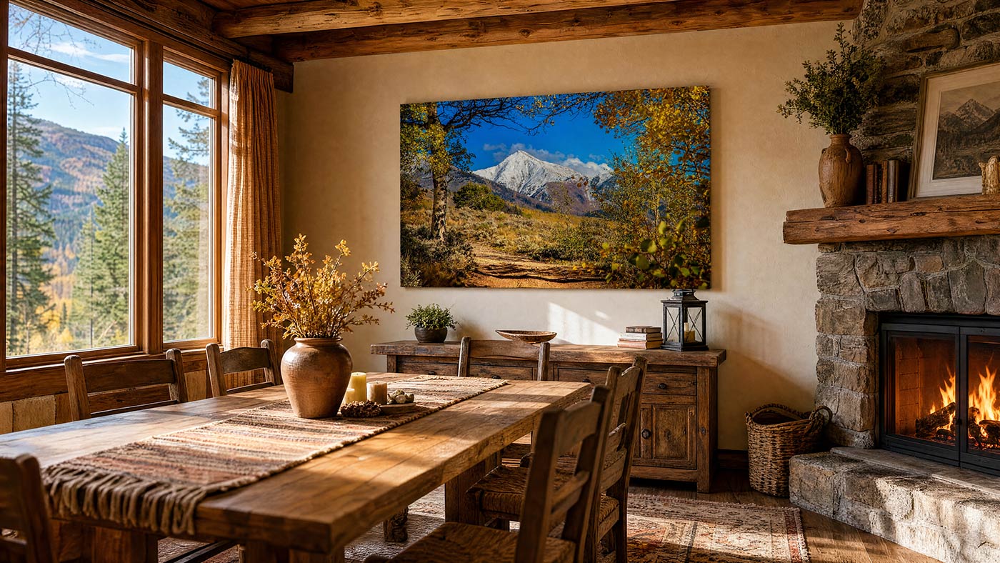 A large rectangular landscape wall art print depicting a mountain scene with trees and a blue sky, displayed above a wooden dining table in a rustic lodge-style room with a stone fireplace and wood windows.