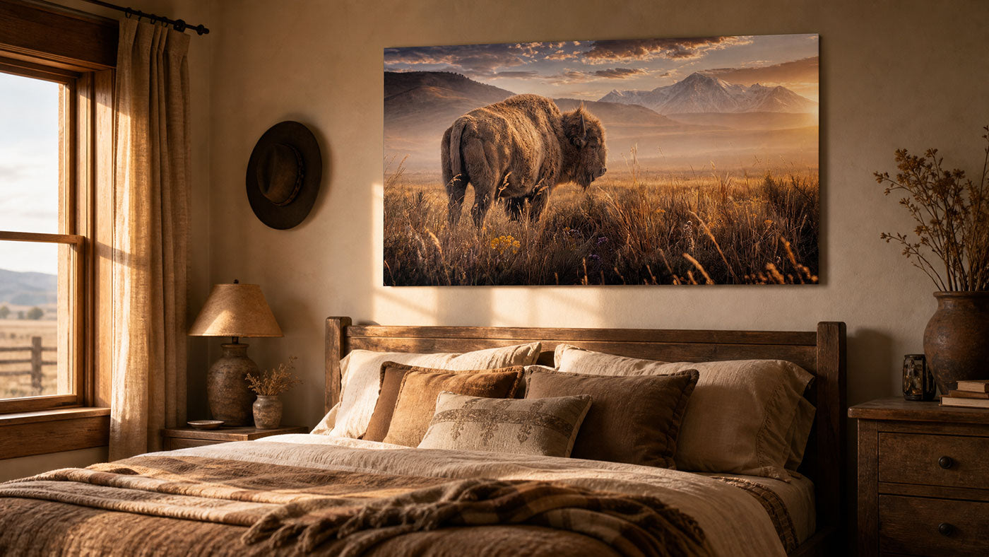 A large rectangular wall art print depicting a bison standing in a golden grassland with mountains in the background, displayed above a bed in a rustic bedroom setting.