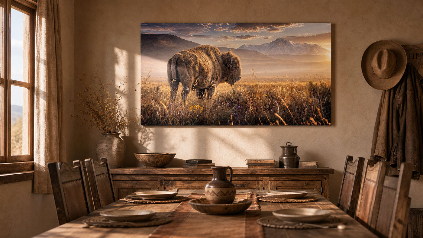 A large rectangular wall art print depicting a bison standing in a golden grassy landscape with mountains in the distance, displayed above a wooden dining table in a rustic interior room.