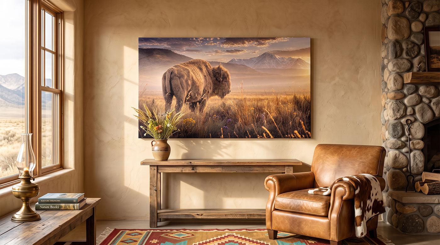 A large rectangular wall art print showing a bison standing in a golden grassy landscape at sunrise, displayed in a rustic living room above a console table with a leather armchair and stone fireplace.