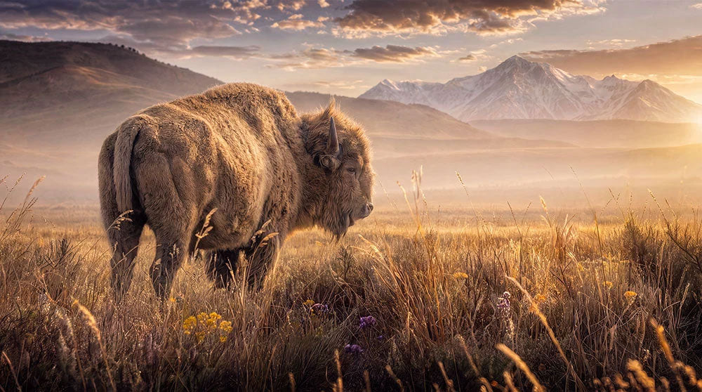 A canvas print shows a large bison standing in a golden grassy field at sunrise, with misty mountains and a cloudy sky in the background.