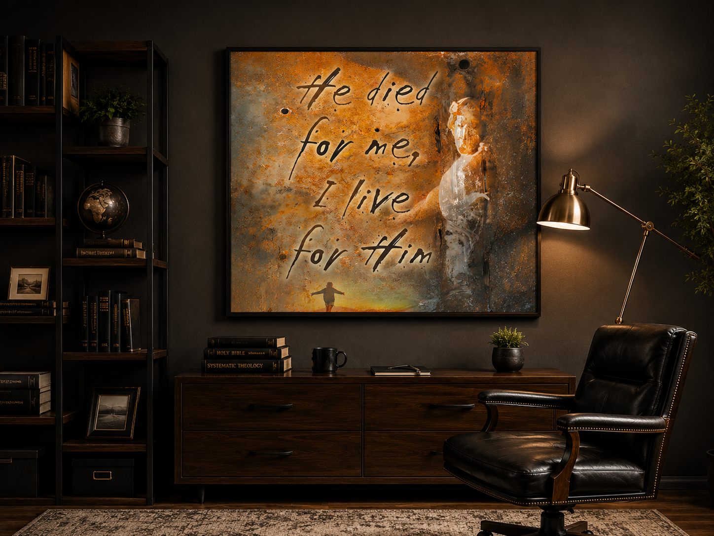 A framed wall art print hangs above a wooden console in a dark, styled room. The artwork features a textured abstract background in warm brown, gold, and orange tones with a ghostly female figure and the handwritten text, 'He died for me, I live for him.