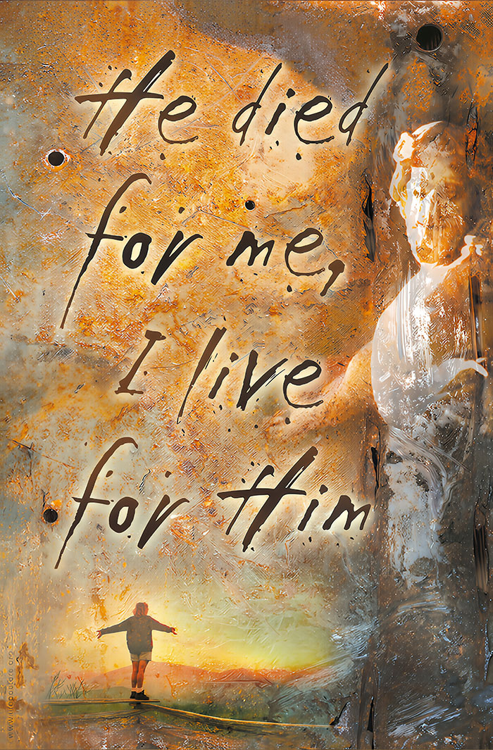 Portrait He Died for Me wall art with I Live for Him text, a luminous Christ figure, and an abstract golden background