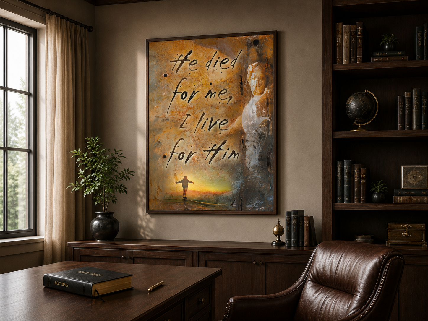 A framed wall art print hangs in a warm, traditional study room. The artwork features a golden and brown textured background with a painted figure on the right and the text 'He died for me, I live for Him' in black script.