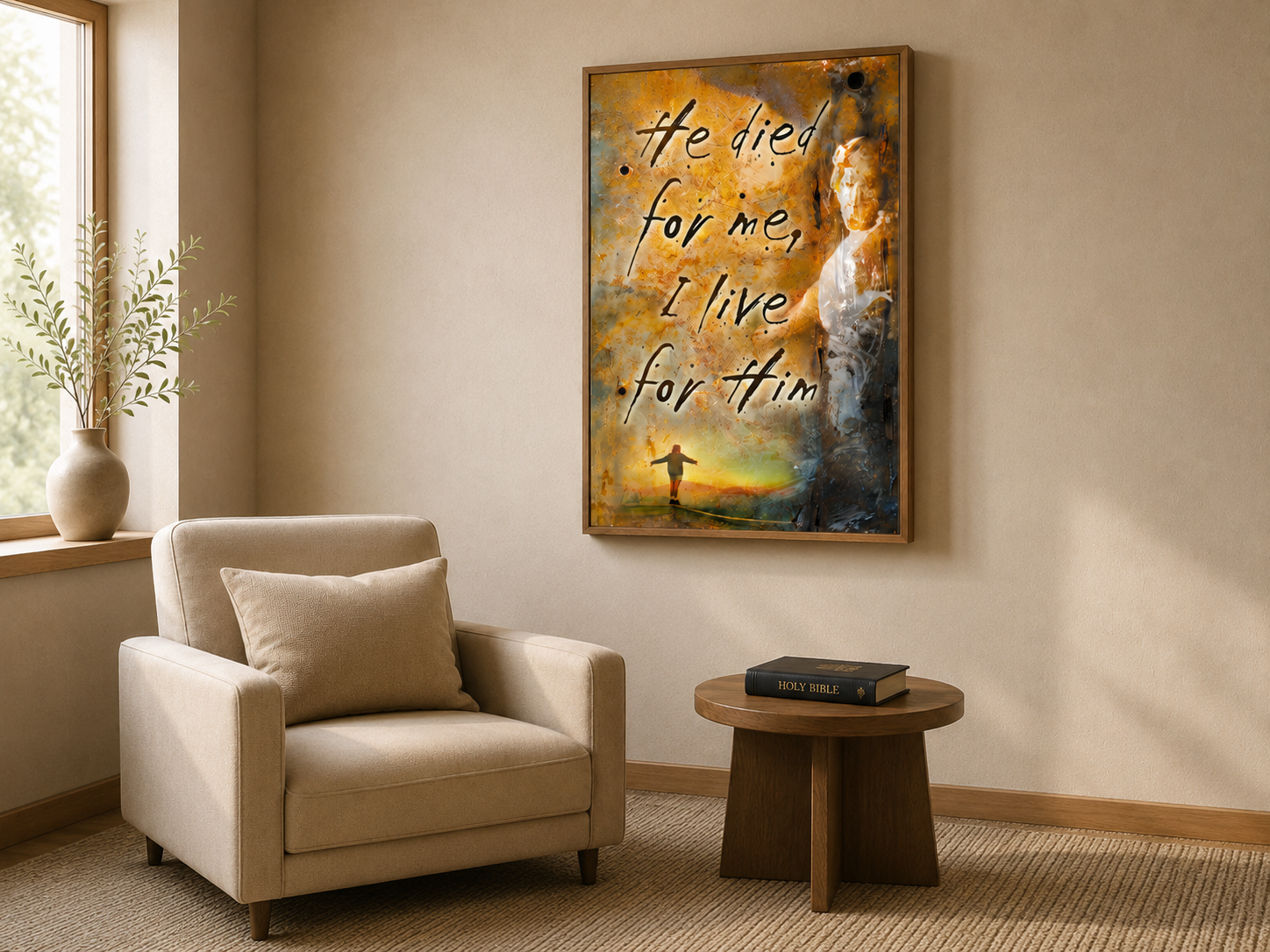 A framed wall art print hangs on a beige wall in a styled living room corner, above a cream armchair and beside a small wooden side table. The artwork features a warm-toned painting with the text 'He died for me, I live for Him' and a figure at a cross.