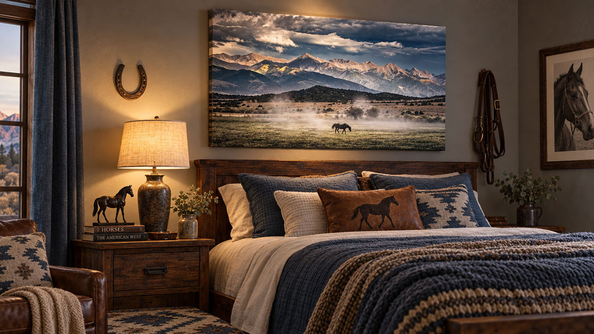 A large rectangular landscape wall art print depicting snow-capped mountains and a horse in a field, displayed above a bed in a rustic bedroom setting.