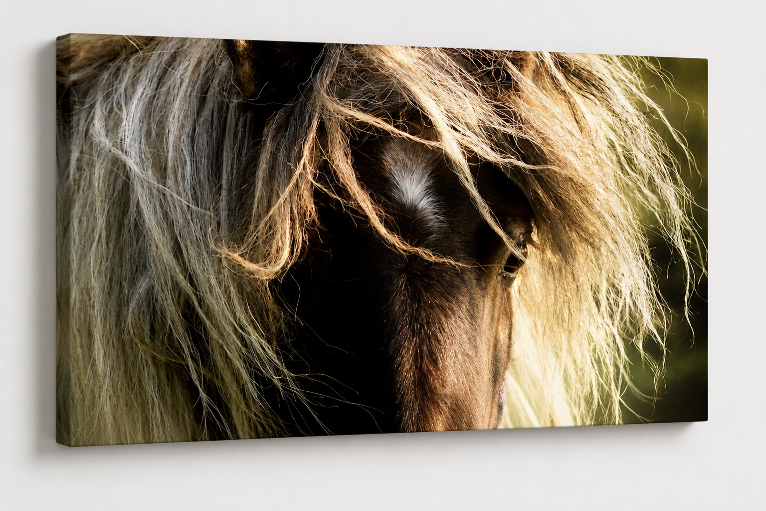 3D gallery wrapped canvas mockup of Horse Eye Wall Art featuring a soulful equestrian close-up portrait photography print.
