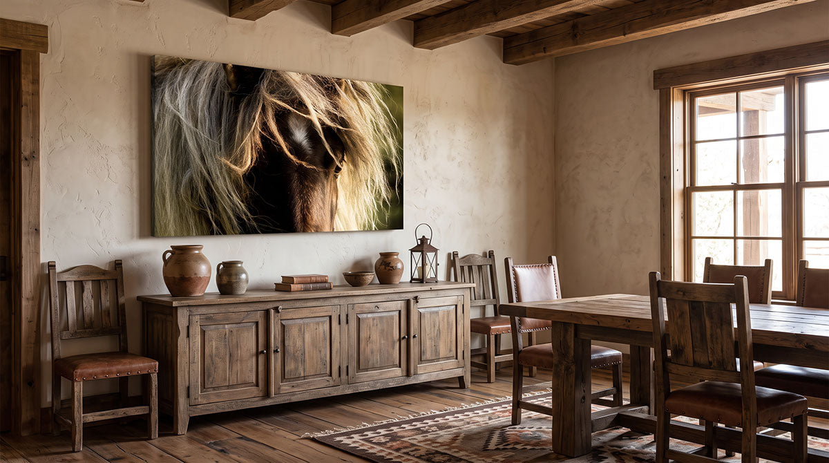 A rustic dining room with a large wall art print depicting a close-up of a horse's mane, displayed above a wooden sideboard in a warm, earthy interior.