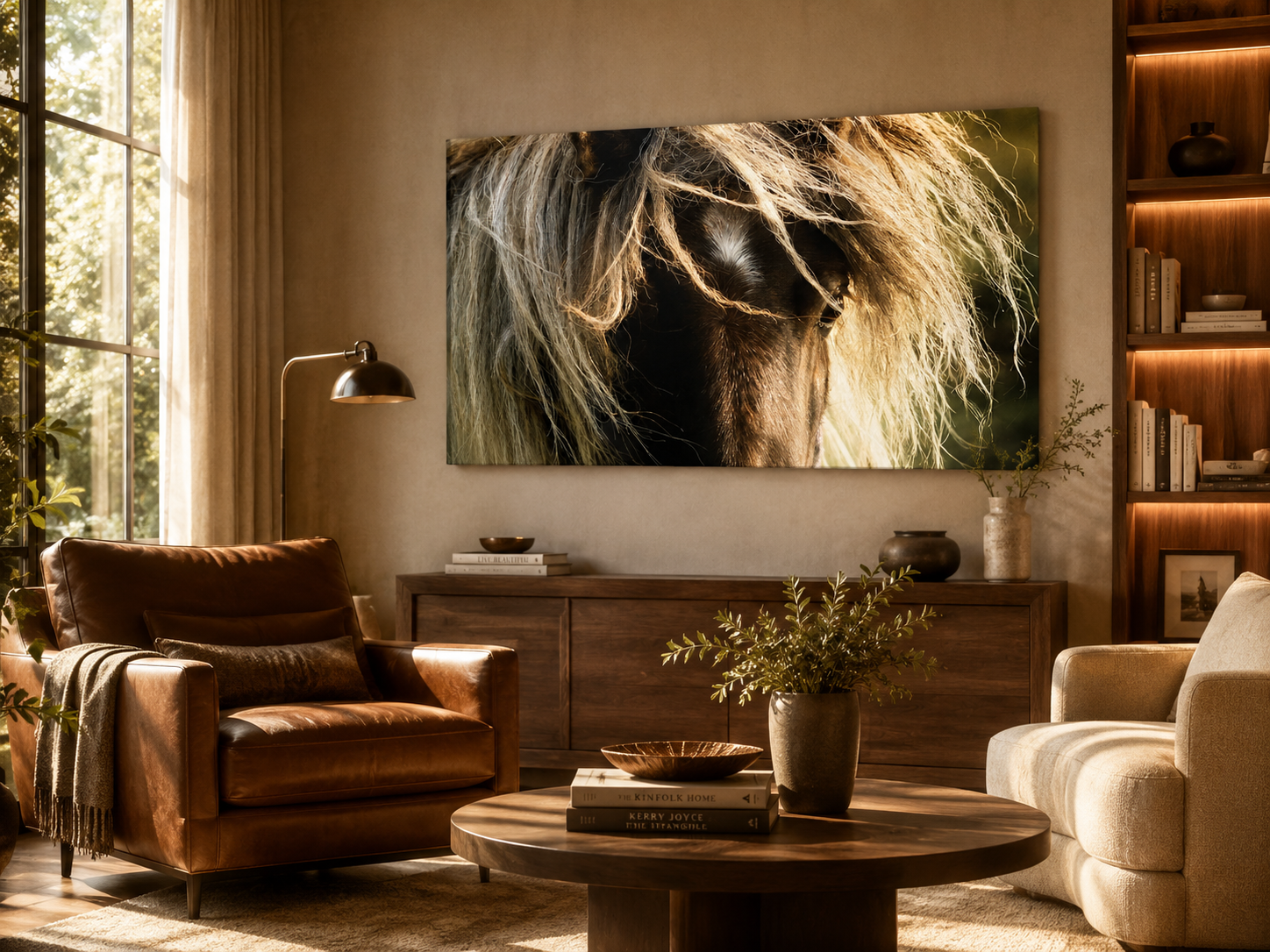 Horse Eye Wall Art displayed in a luxurious modern reading lounge with warm natural lighting and earthy interior tones.