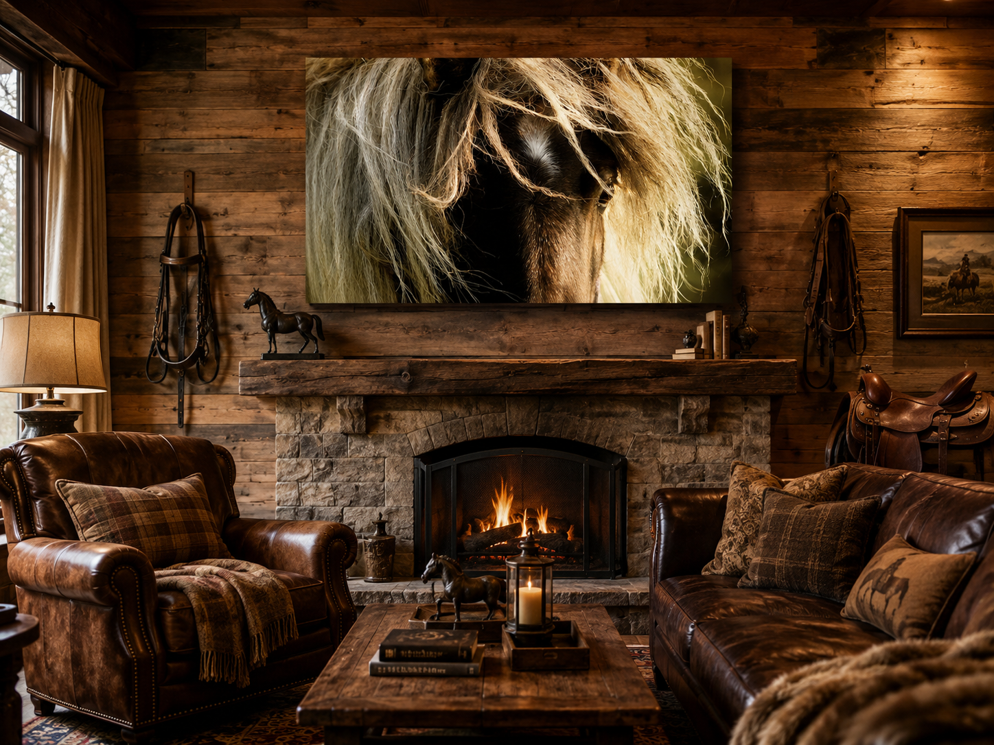 Horse Eye Wall Art showcased in a premium rustic equestrian lodge with warm wood textures and luxury countryside décor.