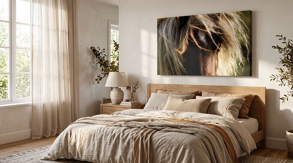A large rectangular wall art print depicting a close-up of a horse's mane and face, displayed above a neatly made bed in a softly lit, neutral-toned bedroom.