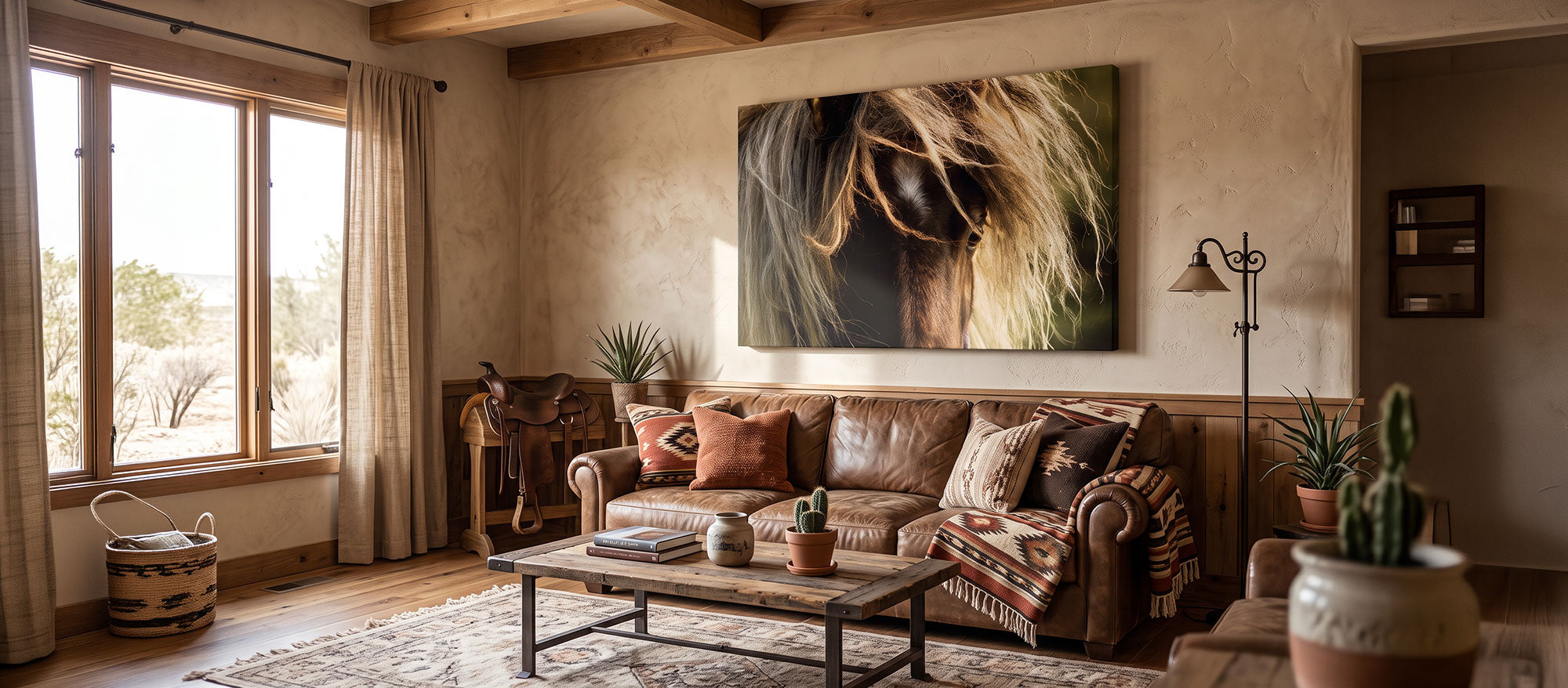 A large canvas print of a horse with long manes and an eye peeking through, in a stylish western or ranch interior.