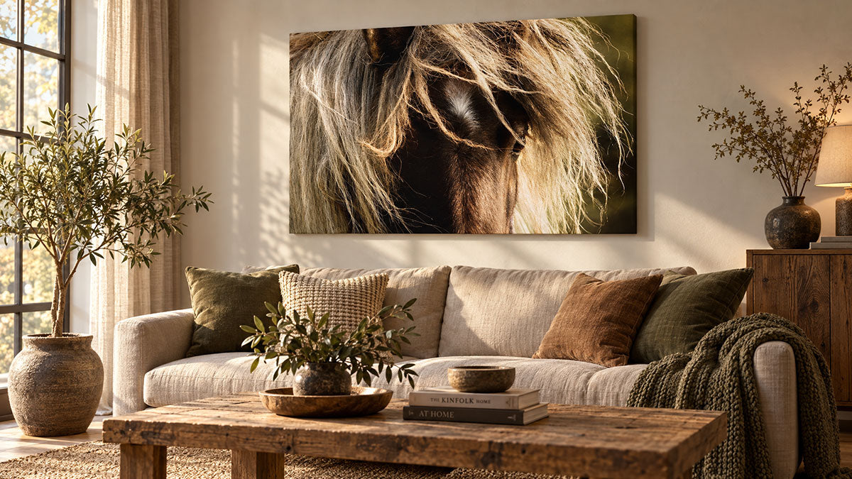 A large rectangular wall art print showing a close-up of a horse's mane and face, displayed above a beige sofa in a styled living room with plants, pillows, and a wooden coffee table.