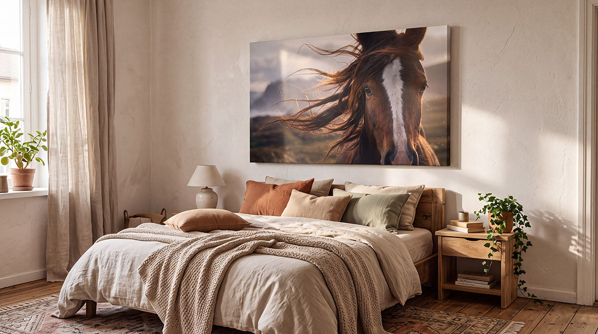 A large rectangular wall art print showing a horse with flowing dark mane, displayed above a neatly made bed in a softly lit bedroom with beige curtains, wood furniture, and plants.