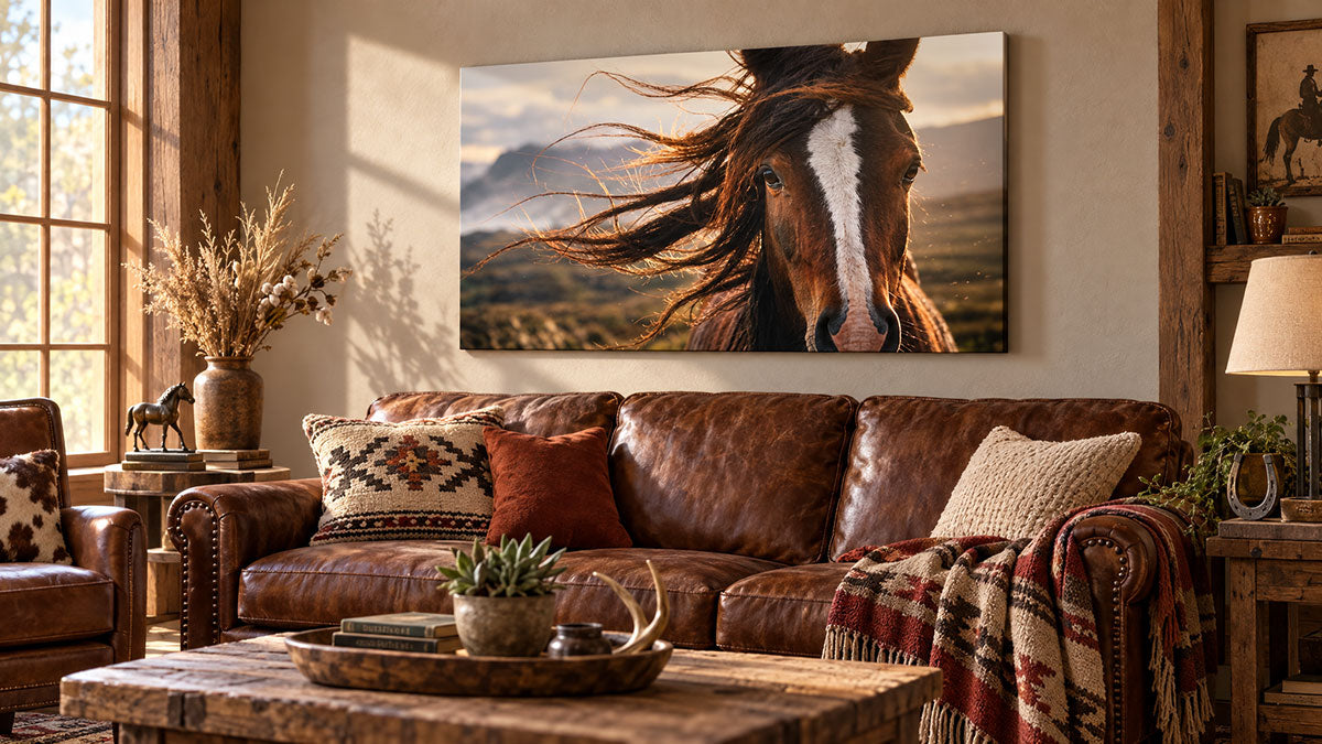 A large rectangular wall art print showing a close-up horse portrait with flowing mane and a mountain landscape, displayed above a brown leather sofa in a rustic living room.