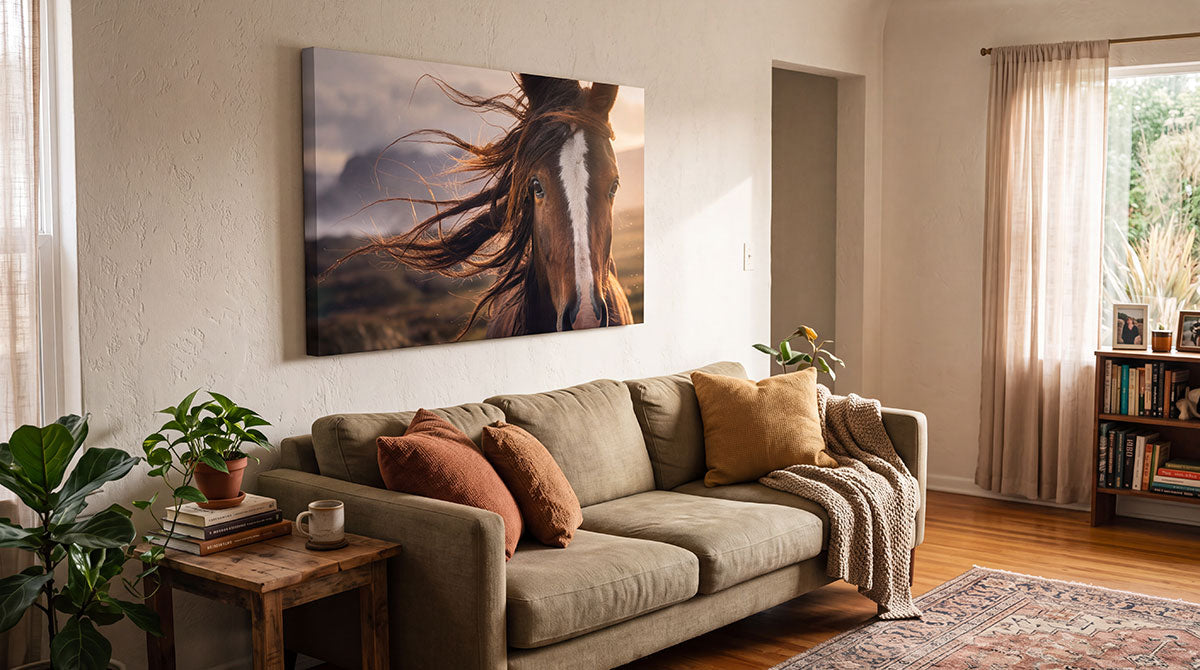 A large rectangular wall art print depicting a horse in motion with flowing dark brown and black hair against a warm sky, displayed above a beige sofa in a styled living room.