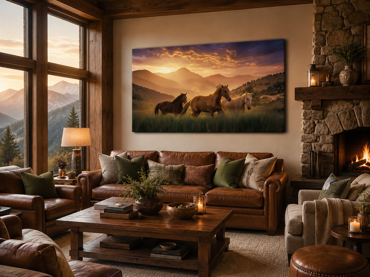 Horse Herd Wall Art displayed in a mountain lodge living room with warm natural décor inspired by the artwork's golden sunset and mountain landscape