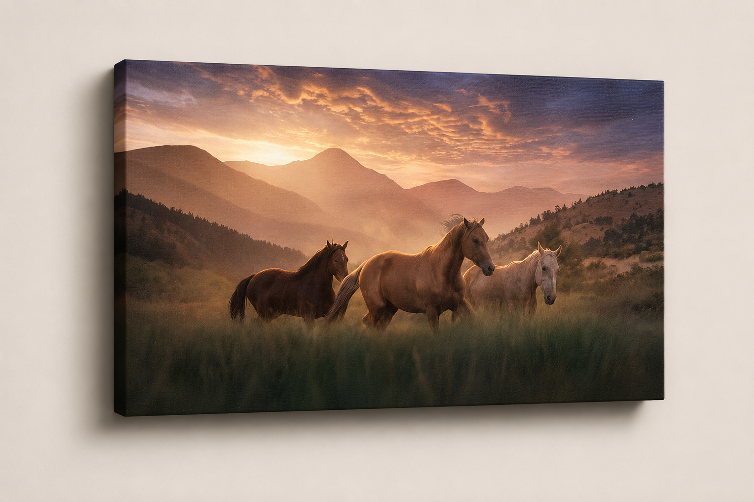 3D gallery wrap canvas mockup of Horse Herd Wall Art featuring three horses in a mountain landscape beneath warm golden sunset light on a thin premium museum-quality canvas