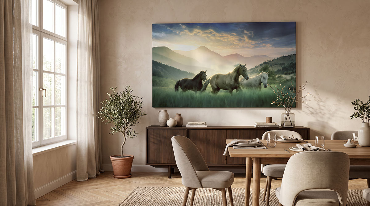 A modern stylish dining room interior decor with canvas print of a herd of three horses running in a mmountain meadow. Example of horse herd wall art. 