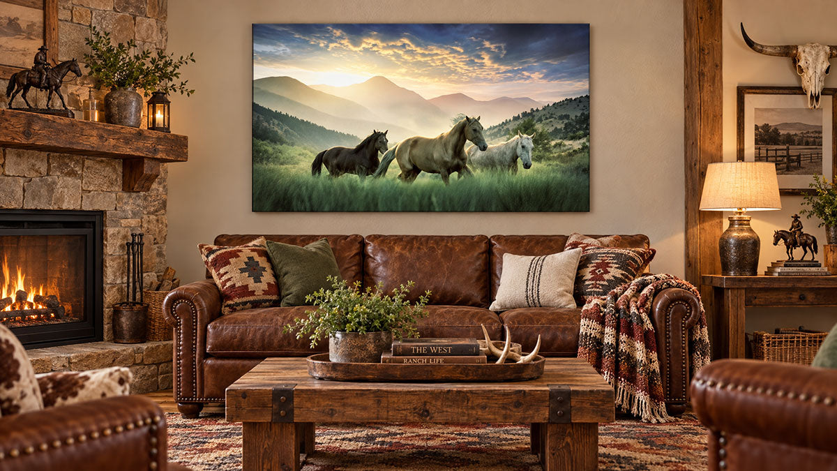 A western living room with a large canvas print of a herd or three horses running through a mountain meadow at sunset