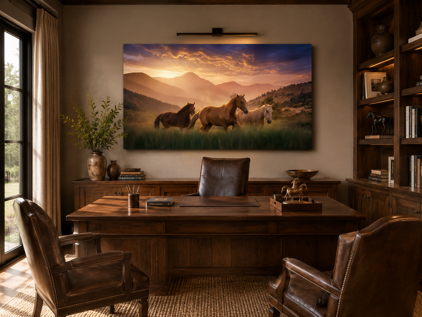 Horse Herd Wall Art displayed in a rustic ranch executive office with warm neutral décor inspired by the artwork's mountain sunset and equestrian theme