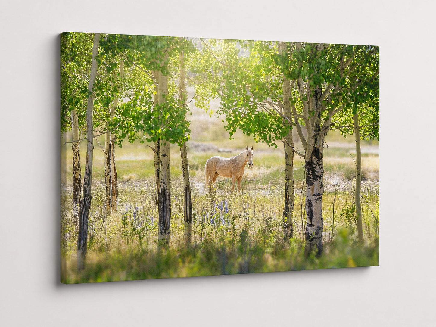 3D gallery wrap canvas mockup of Horse in Forest Wall Art featuring a horse standing in a sunlit woodland on a thin premium museum-quality canvas