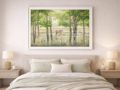 Horse in Forest Wall Art – Sunlit Woodland Photography Print