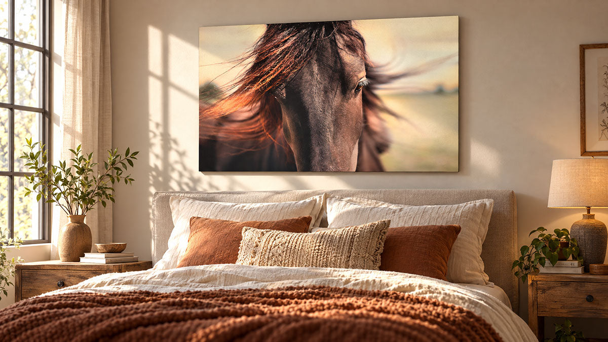 Cozy bedroom with a large canvas print of a horse portrait with windswept manes