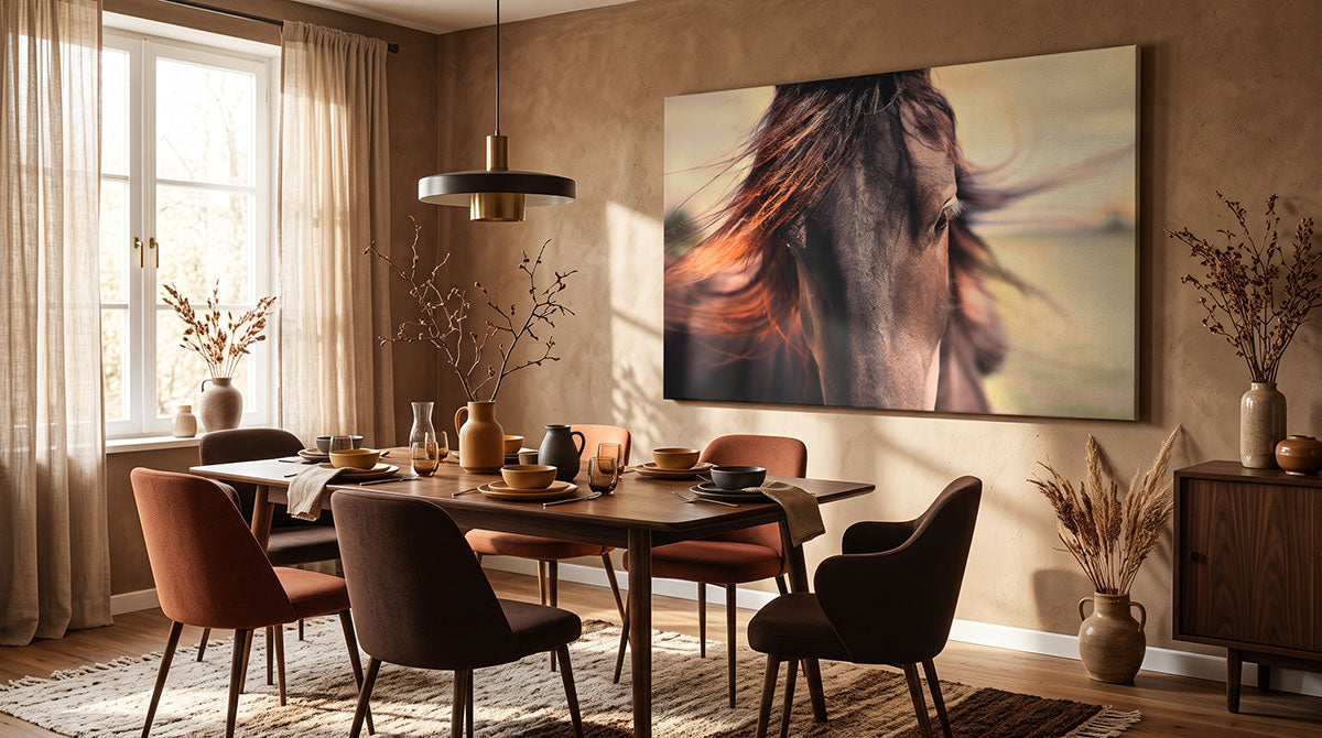 A stylish dining room interior with a large canvas print of a horse portrait with windswept manes