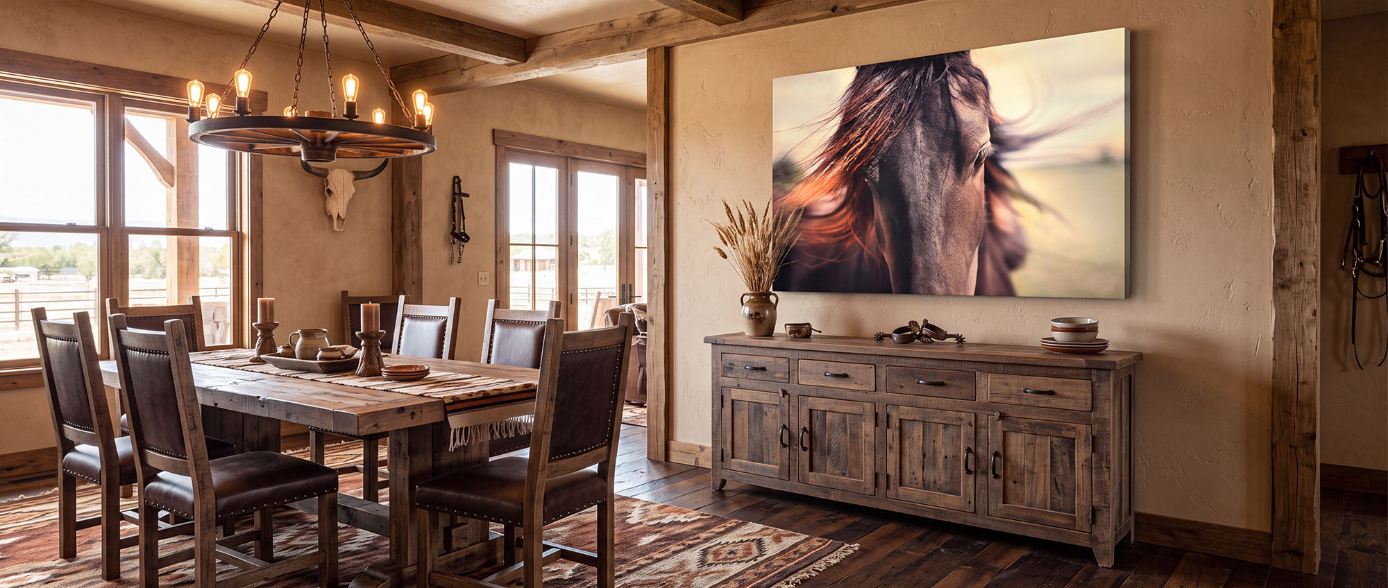 A western interior with a large canvas print showing a horse portrait with windswept manes