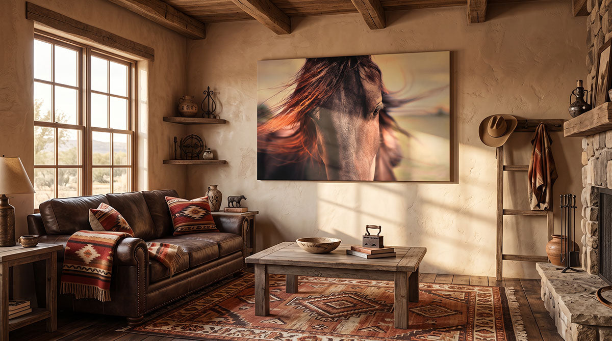 A western or ranch style living room interior with a canvas print of a horse portrait with windswept manes