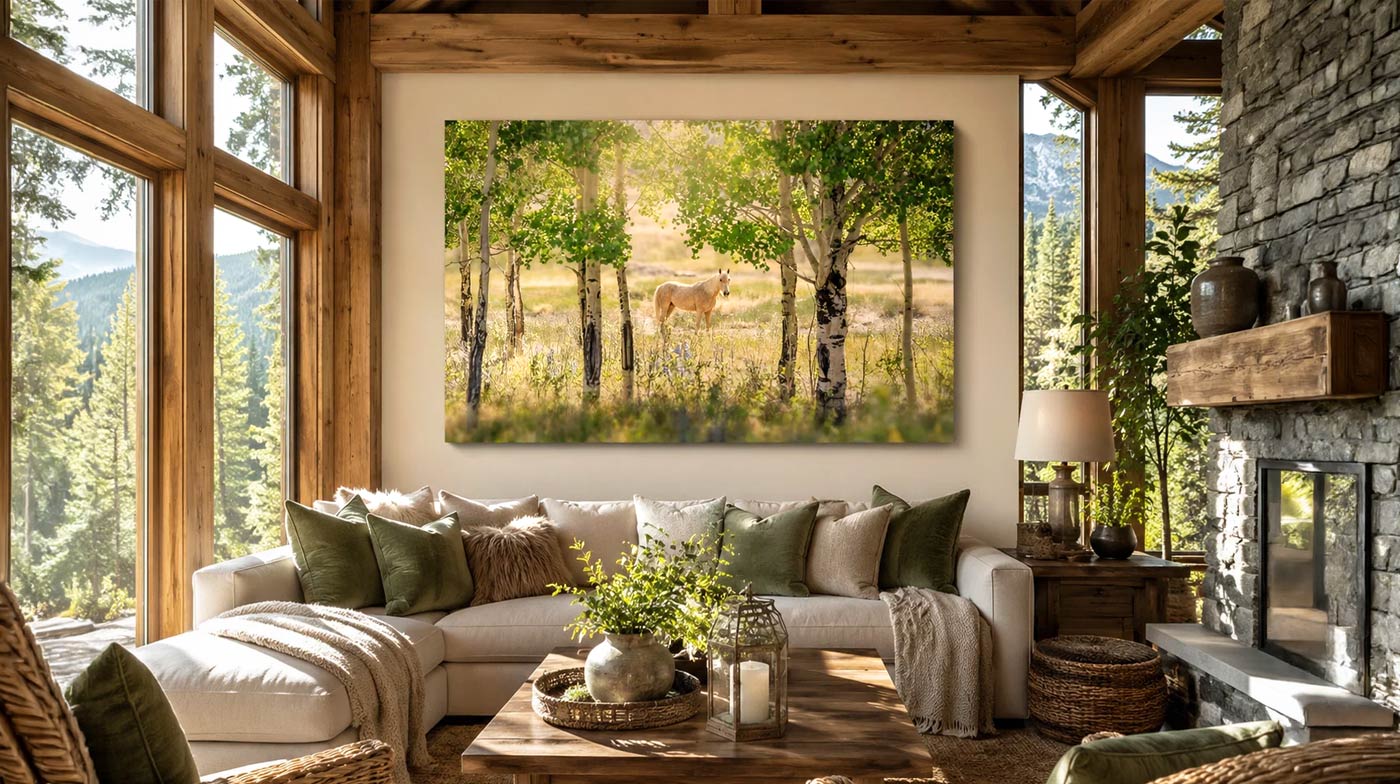 A large rectangular wall art print depicting a forest scene with birch trees and a deer, displayed in a rustic mountain-style living room above a cream sectional sofa.